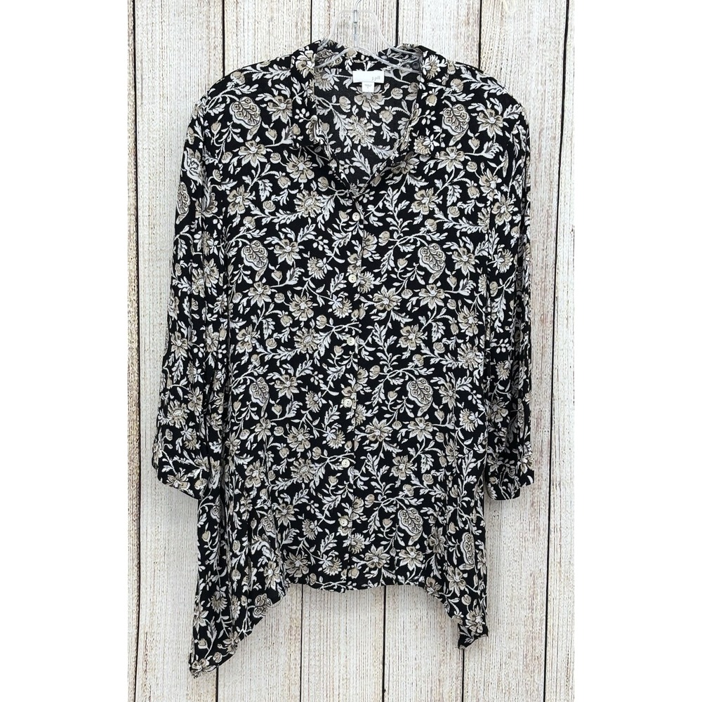J. Jill Black Floral Button Front Blouse Size Large 100% Rayon Boho Lightweight